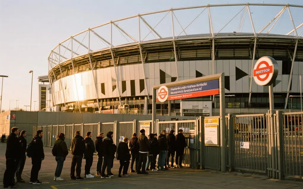 球场外排队入场的人群与公共交通指示牌，强调时间与动线规划